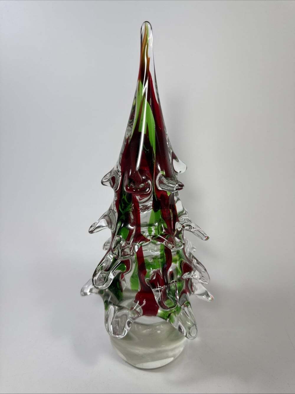 Vtg Hand Blown Art Glass Christmas Tree 10” Green & Red Paperweight Figurine L2